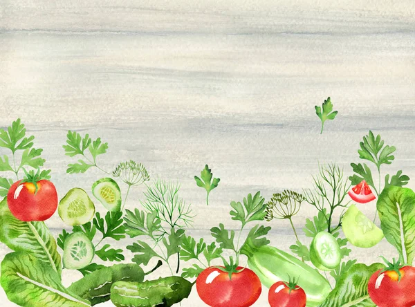 Designuppsättning, dill, persilja, tomater, sallad och gurka i akvarell stil. Vegetabiliska bakgrunden på trä textur — Stockfoto