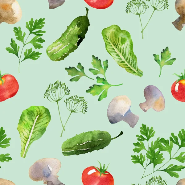 Vegetabiliska sömlösa mönster med tomater, champinjoner, gurka, dill och persilja akvarell. Hand dras grönsaker i akvarell stil på vit bakgrund — Stockfoto
