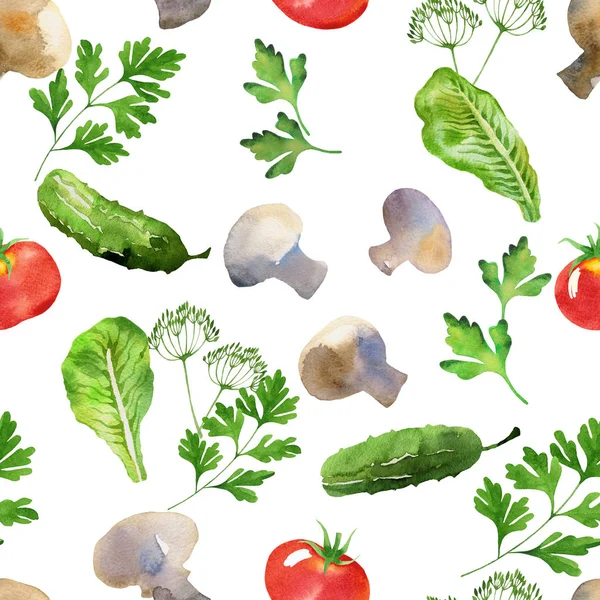 vegetable seamless pattern with tomatoes, mushrooms, cucumber, dill and parsley watercolor. Hand drawn vegetables in watercolor style on white background