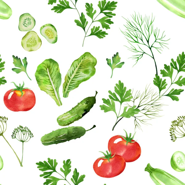 Vegetabiliska sömlösa mönster med tomater, märg, gurka, dill och persilja akvarell. Hand dras grönsaker i akvarell stil — Stockfoto