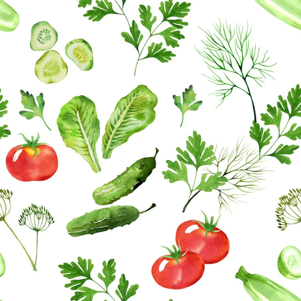 vegetable seamless pattern with tometoes, marrow, cucumber, dill and parsley watercolor. Hand drawn vegetables in watercolor style