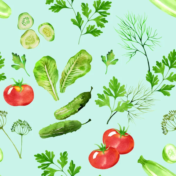 Patrón sin costuras vegetales con tomates, pepino, eneldo y perejil acuarela. Verduras dibujadas a mano en estilo acuarela sobre fondo verde — Foto de Stock