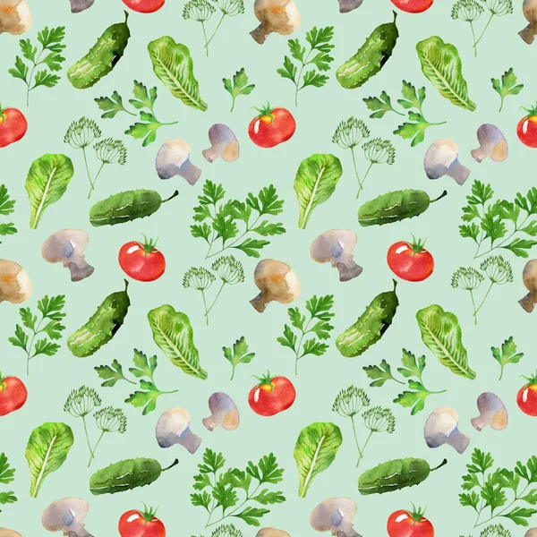 Vegetabiliska sömlösa mönster med tomater, champinjoner, gurka, dill och persilja akvarell. Hand dras grönsaker i akvarell stil på grön bakgrund — Stockfoto