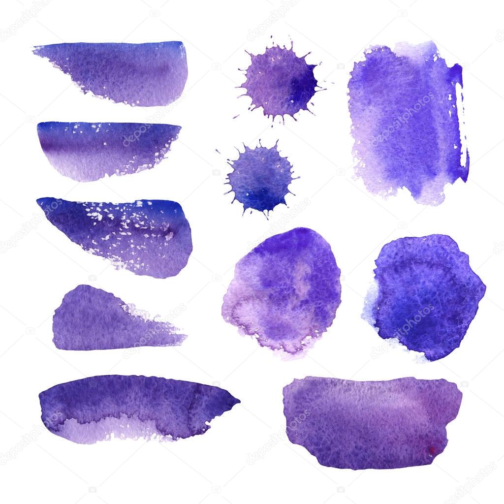 Ultra Violet stains and brushes watercolor as abstract design element. Color blobs isolated on white background. Trendy color of the year 2018