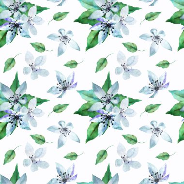 Mavi bahar çiçekleri ve yaprakları beyaz çiçek seamless modeli.