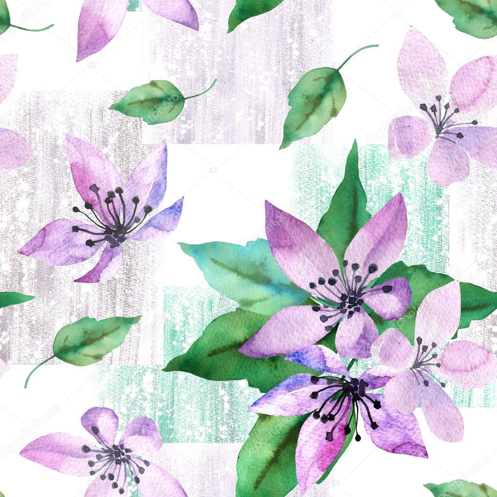  Floral seamless pattern with spring flowers and leaves on texture grunge