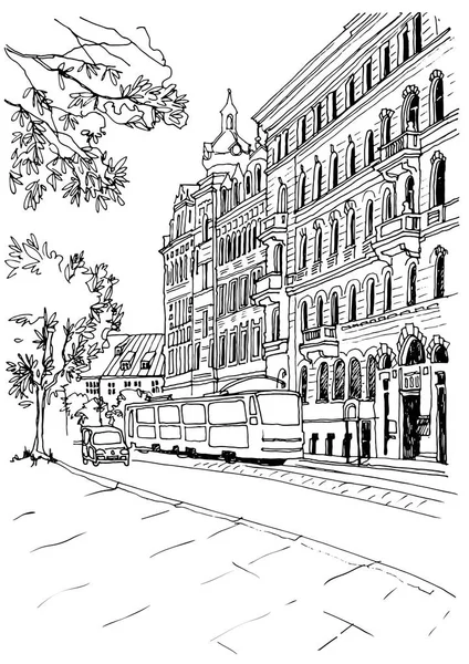 Old city street in hand drawn line sketch style. Urban romantic landscape with tram. Black and white vector illustration on white background