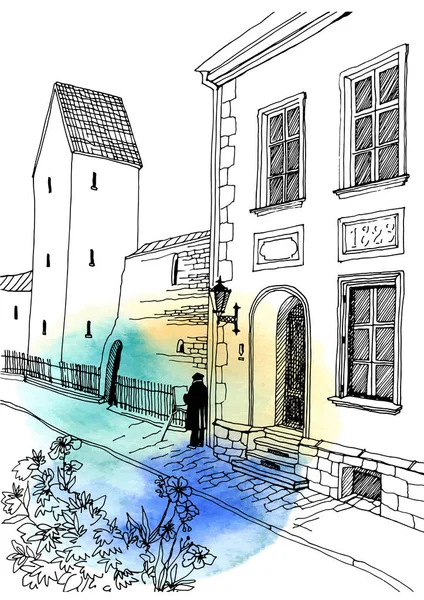 Старая Улица Европейском Городе Стиле Рисованного Эскиза Черно Белая Векторная — стоковое фото