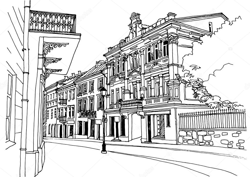 Old city street in hand drawn line sketch style. Urban romantic landscape. Black and white vector illustration on white background