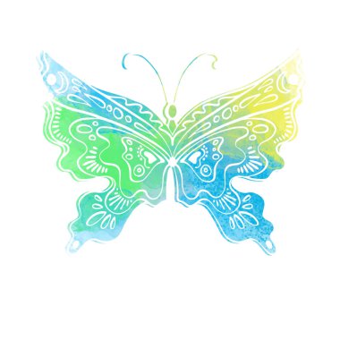 Tasarım için kelebek grunge resmi. Suluboya arka planda beyaz çizgi çizimi. Vektör illüstrasyonu