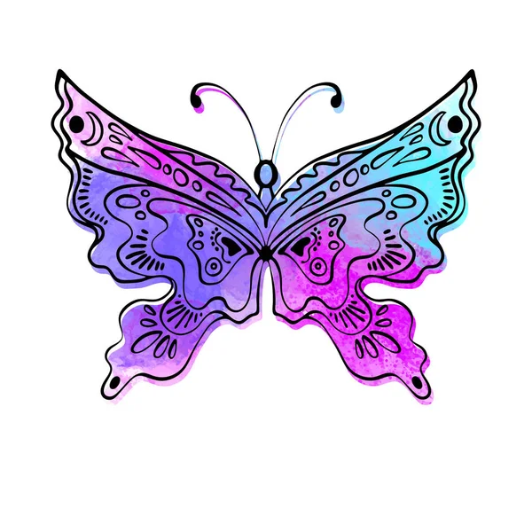 Boho Stijl Butterfly Grunge Image Voor Design Zwarte Lijn Schets — Stockvector