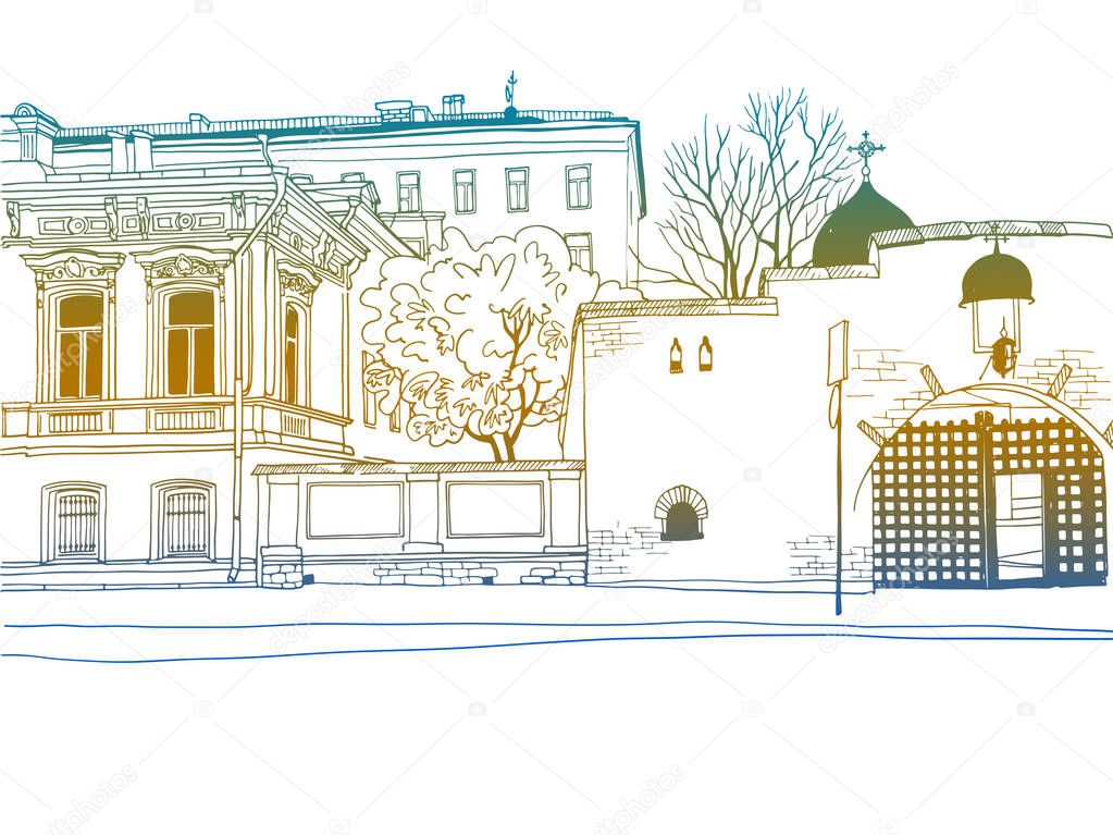 Nice street of old Moscow. Hand drawn image. line art. Colorful sketch on white background. Without people.