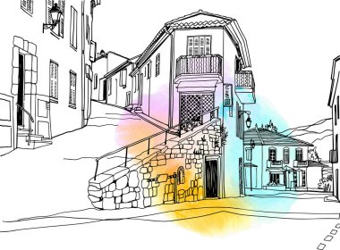  Romantik Provence, Fransa 'da eski bir sokak. Elle çizilmiş eskiz tarzında kentsel bir arka plan. Mürekkep çizimi. Damla suluboya üzerine vektör illüstrasyonu