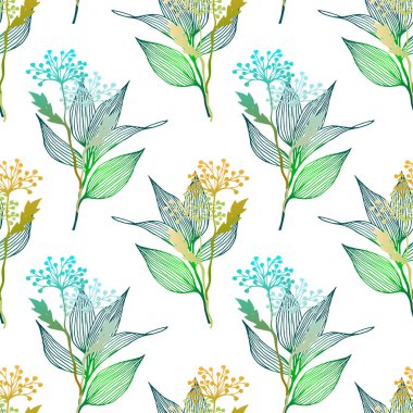 Çiçeksiz desenli bitkiler ve beyaz yapraklar. El çizimi biçim arkaplanı