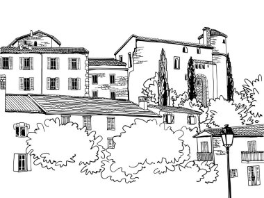 Romantik Provence, Fransa 'daki antik bir kalenin güzel manzarası. Elle çizilmiş eskiz tarzında kentsel bir arka plan. Mürekkep çizimi. Beyaz üzerine vektör illüstrasyonu