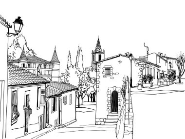 Romantik Provence, Fransa 'da eski bir sokak. Elle çizilmiş eskiz tarzında kentsel bir arka plan. Mürekkep çizimi. Beyaz üzerine vektör illüstrasyonu