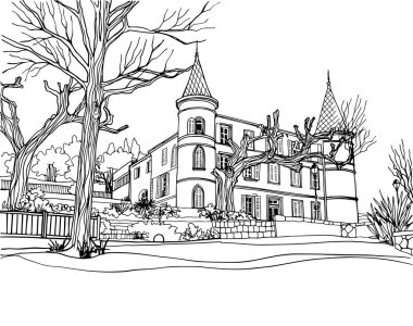 Romantik Provence, Fransa 'da eski bir sokak. Elle çizilmiş eskiz tarzında kentsel bir arka plan. Mürekkep çizimi. Beyaz üzerine siyah-beyaz vektör çizimi.