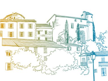 Romantik Provence, Fransa 'daki antik bir kalenin güzel manzarası. Elle çizilmiş eskiz tarzında kentsel bir arka plan. Mürekkep çizimi. Beyaz üzerine renkli Vektör illüstrasyonu