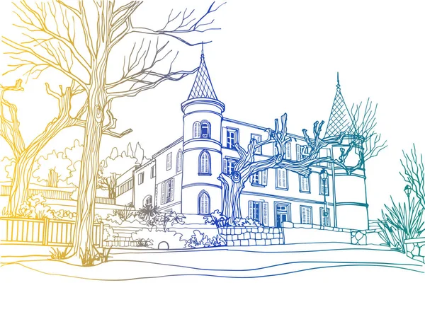 Romantik Provence Fransa Eski Bir Sokak Elle Çizilmiş Eskiz Tarzında — Stok Vektör