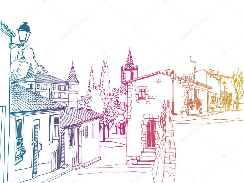 Old street in romantic Provence, France. Urban background in hand drawn sketch style. Ink line drawing. Colourful Vector illustration on white