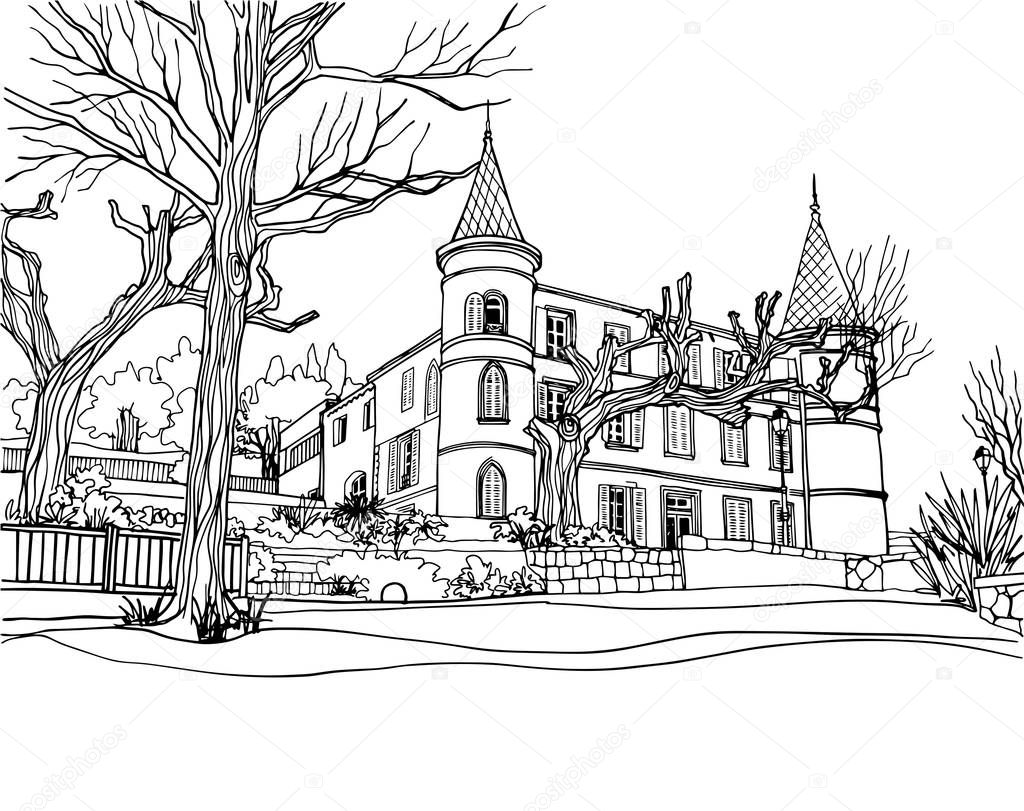 Old street in romantic Provence, France. Urban background in hand drawn sketch style. Ink line drawing.Black and white vector illustration on white