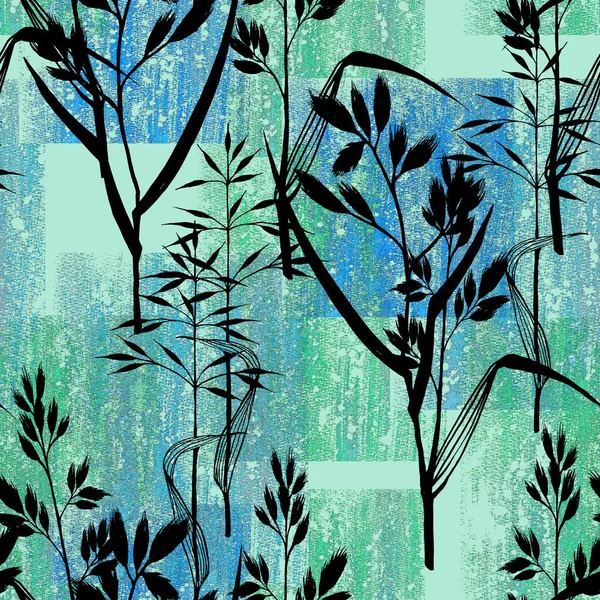 Kwiatowy Bezszwowy Wzór Liśćmi Trawą Szkicu Linii Rysunkowej Kolorowa Ilustracja — Zdjęcie stockowe