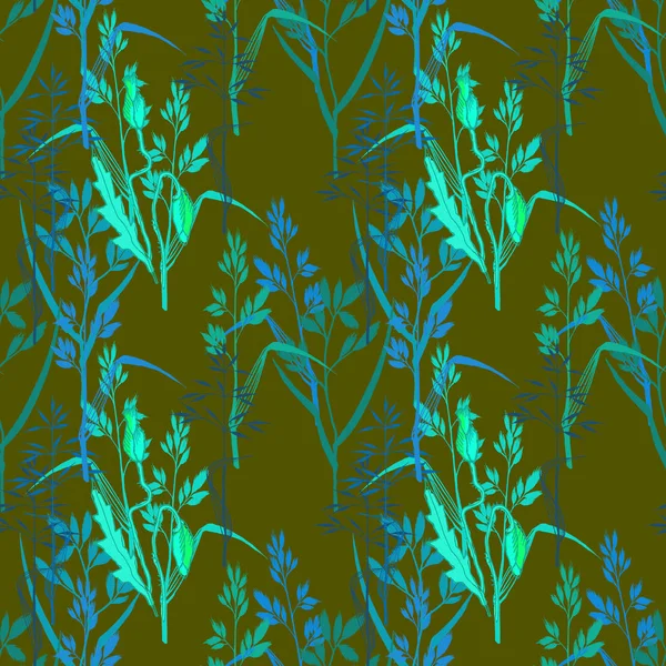 手描きで葉や草を持つ花のシームレスなパターンラインスケッチスタイル 緑の背景にカラフルなイラスト — ストック写真
