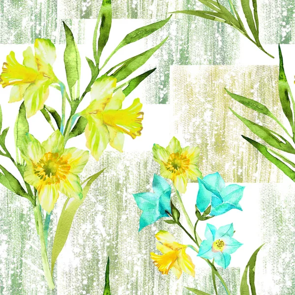 花的无缝图案与黄色水仙花的颜色 春花背景 手绘绘画 — 图库照片
