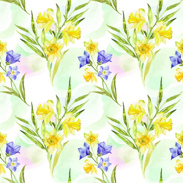 Virágos Zökkenőmentes Minta Sárga Nárcisz Akvarell Tavaszi Virágos Háttér Kézzel — Stock Fotó