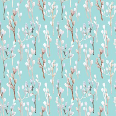 Paskalya söğüdü dikişsiz suluboya desenli. El yapımı dallar. Yeşil arka planda Paskalya bayramı illüstrasyonu.