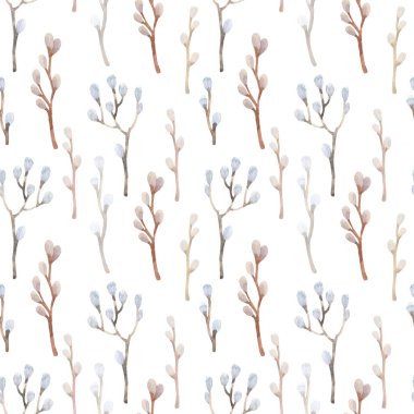 Paskalya söğüdü dikişsiz suluboya desenli. El yapımı dallar. Beyaz arka planda Paskalya bayramı illüstrasyonu.