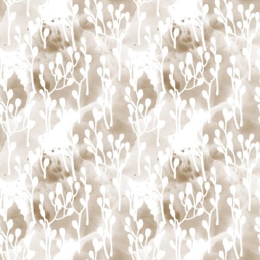 Paskalya söğüdü dikişsiz suluboya desenli. El yapımı dallar. Damlaların suluboya arkaplan üzerine Paskalya bayramı illüstrasyonu.