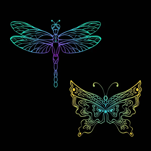 Libelle Vlinder Hand Getekende Schets Stijl Lijnkunst Tatoo Kunst Kleurrijke — Stockvector