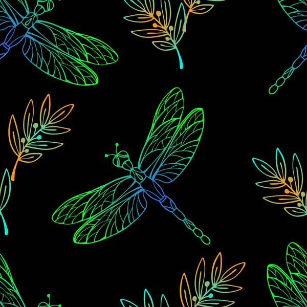 五彩斑斓的蜻蜓在黑色上无缝排列 手绘草图风格 线条艺术 矢量说明 — 图库矢量图片