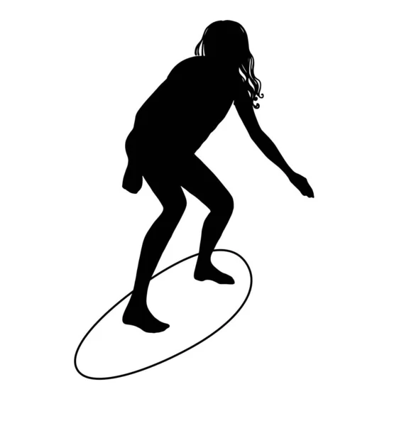 Linda Chica Surfeando Tabla Surf Ilustración Hecha Mano Silueta Negra — Vector de stock