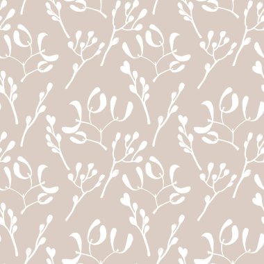 Paskalya söğüdü pürüzsüz suluboya desenli. El yapımı dallar. Sepya arka planında Paskalya bayramı illüstrasyonu