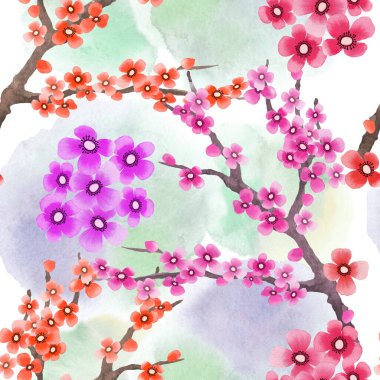 Çiçeksiz bahar deseni, elinde çiçek açan sakura ile suluboya stili. Doku suluboya üzerine romantik bir geçmiş.