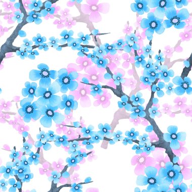 Çiçeksiz bahar deseni, elinde çiçek açan sakura ile suluboya stili. Beyaz üzerine romantik arkaplan.