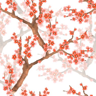 Çiçeksiz bahar deseni, elinde çiçek açan sakura ile suluboya stili. Beyaz üzerine romantik arkaplan.