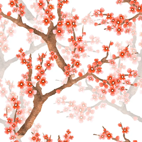 Frühling Florales Nahtloses Muster Mit Blühendem Sakura Handgezeichneten Aquarell Stil — Stockfoto