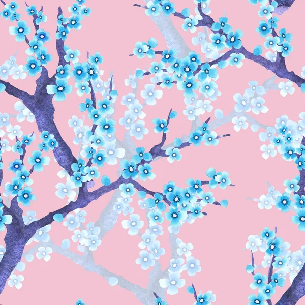 Spring Floral Seamless Pattern Flowering Sakura Hand Drawn Watercolour Style — Stock Photo, Image