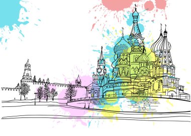 Eski Moskova 'nın güzel manzarası. Eski kilisenin olduğu şehir manzarası. El çizimi sanat eseri. Renkli damlalar arka planında siyah ve beyaz vektör çizimi.