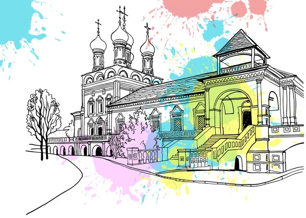 Ładny Widok Centrum Starej Moskwy Miejski Krajobraz Starym Kościołem Ręcznie — Wektor stockowy