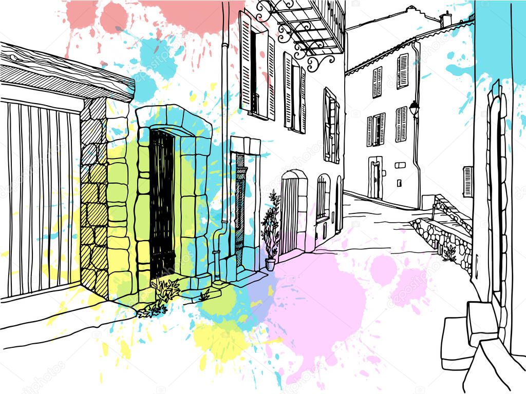 Romantic street in old Provence, France. Urban background in hand drawn sketch style. Ink line drawing. Vector illustration on blobs background