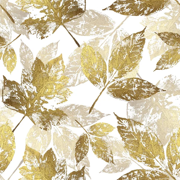Kwiatowy Bezszwowy Wzór Złotymi Liśćmi Ręcznie Rysowany Styl Kolorowe Tło — Zdjęcie stockowe