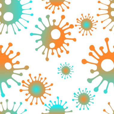 Coronavirüs bakteri simgeleriyle tıbbi soyut ve pürüzsüz desen. Koronavirüse karşı koruma. El çizimi taslak tarzı. Tehlike. Beyaz arkaplanda renkli vektör illüstrasyonu