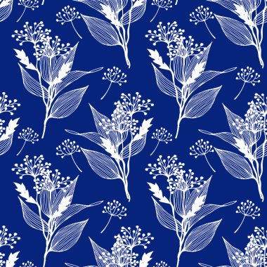 El çizimi yapraklar ve bitkilerle soyut, dikişsiz desenler. Çizgi çizimi tarzı. Renkli doğa arkaplanı