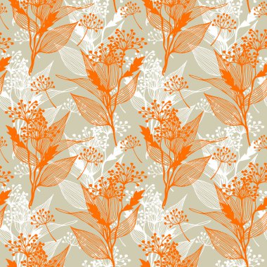 El çizimi yapraklar ve bitkilerle soyut, dikişsiz desenler. Çizgi çizimi tarzı. Renkli doğa arkaplanı