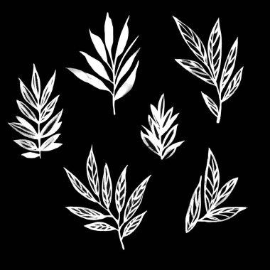 Sulu boya seti. El çizimi stili. Siyah arkaplanda izole edilmiş tekstil, kağıt, dekorasyon ve ambalaj için yapraklı arkaplan