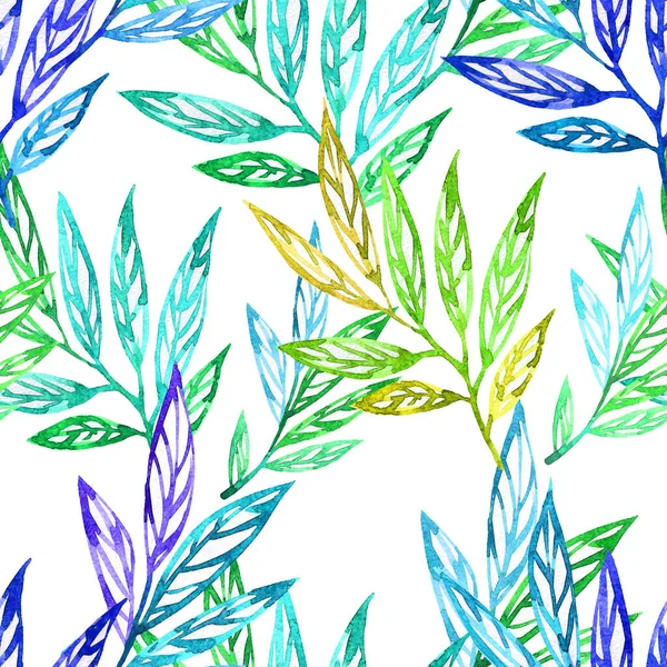 叶面水彩斑斓 花纹无缝 手工绘制的白色水彩画 纺织品 装饰和包装用叶背 — 图库照片